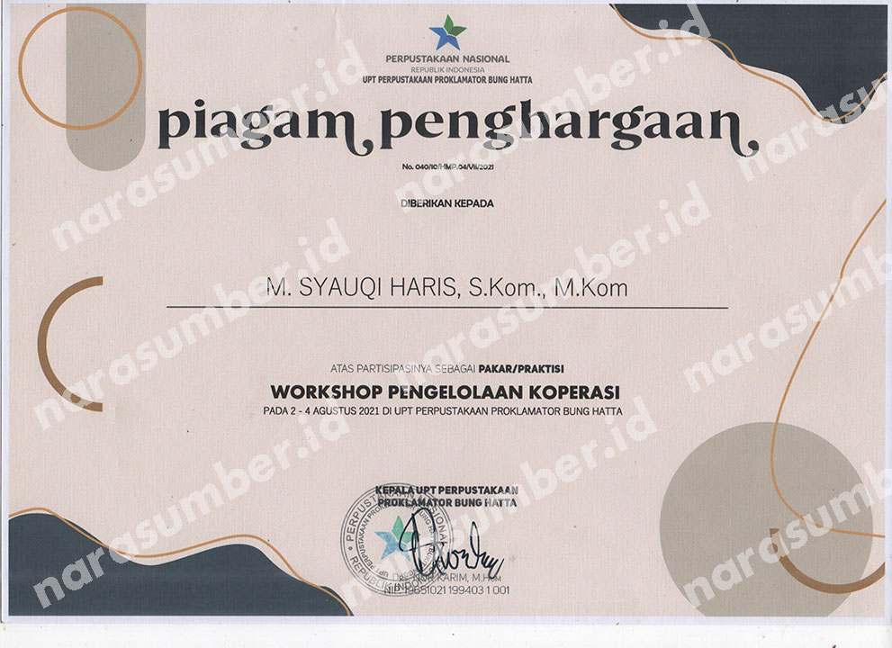 Sertifikat Pakar Praktisi Workshop Pengelolaan Koperasi oleh Perpusatakaan Nasional Bung Hatta 